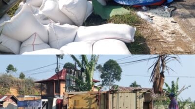 Truk Pengangkut Beras Terbalik di Turunan Giham Sukamaju Sopir Selamat
